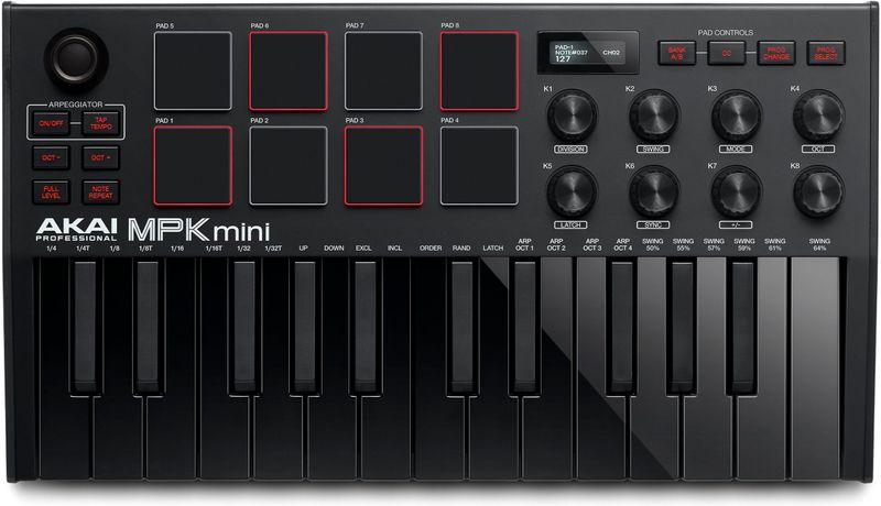Akai Professional MPK Mini MK3 - 25 toetsen USB MIDI-keyboardcontroller met 8 verlichte drumpads, 8 knoppen, muziekproductiesoftware en Native Instruments Sound Package (NKS-integratie), Zwart