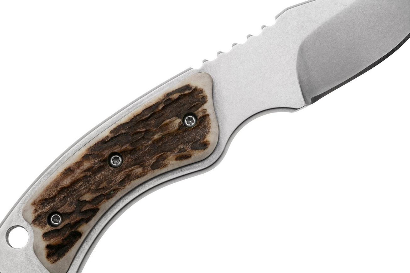 Maserin Mini Trapper 924-CV-2 Stonewashed Elmax, Stag Horn, Leather Sheath Restraining Strap, klein vaststaand jachtmes