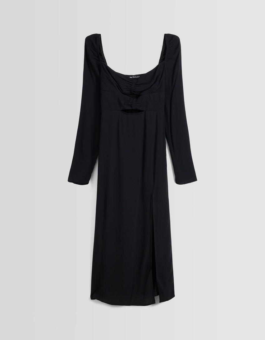 Vestido midi de manga comprida com recorte