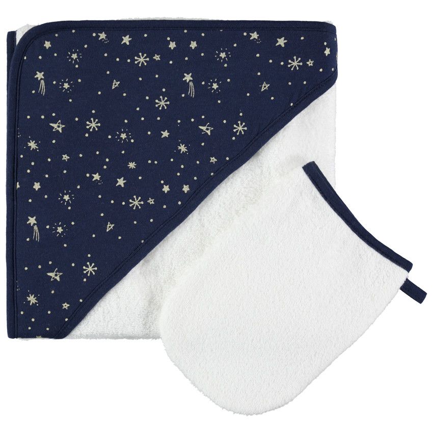 Set de bain en éponge avec capuche imprimée étoiles - Ecru
