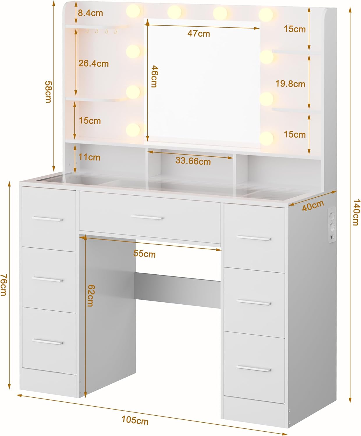 Schminktisch mit LED-Spiegel & Arbeitsplatz, 120x60x175 cm 6 Schubladen inkl. USB-Steckdose, Hollywood-Beleuchtung 3 Modi, 8 Ablagen, 14 Haken, 32 cm Kosmetikschrank, Ohne Hocker (Large 2)
