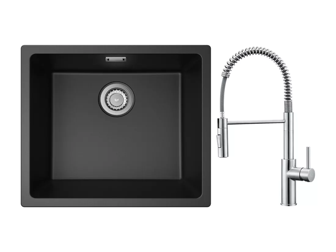 CECIPA MAX Evier 1 Bac en Quartz et Résine Noir Gris 50*44*20cm + Mitigeur de Cuisine à Ressort Brossé avec Douchette Extractible