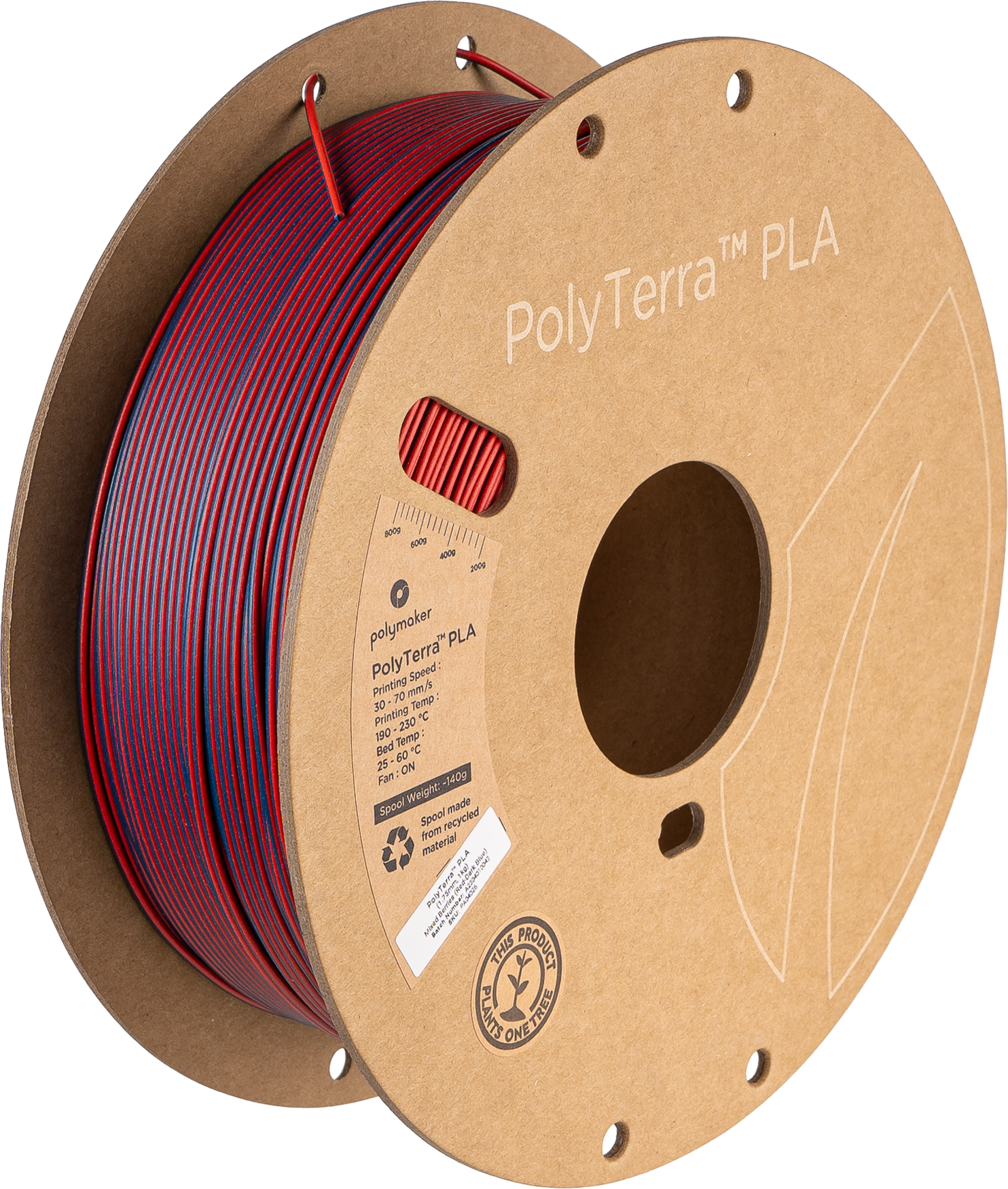 Polymaker  PolyTerra PLA Dual Mixed Berries Red-Dark Blue, 1,75 mm / 1000 g    Umweltfreundliches, zweifarbiges PLA-Filament mit mattem Finish