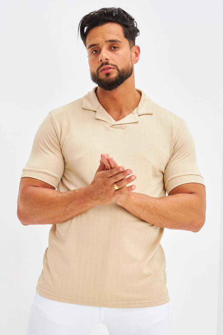 Polo col à rabats motifs chevrons beige