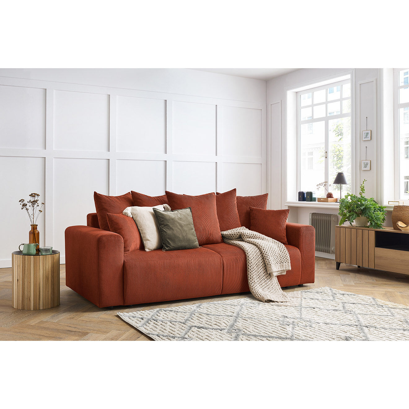 Bobochic Canapé droit fixe 3 places envy velours côtelé orange - 240x100x95 cm