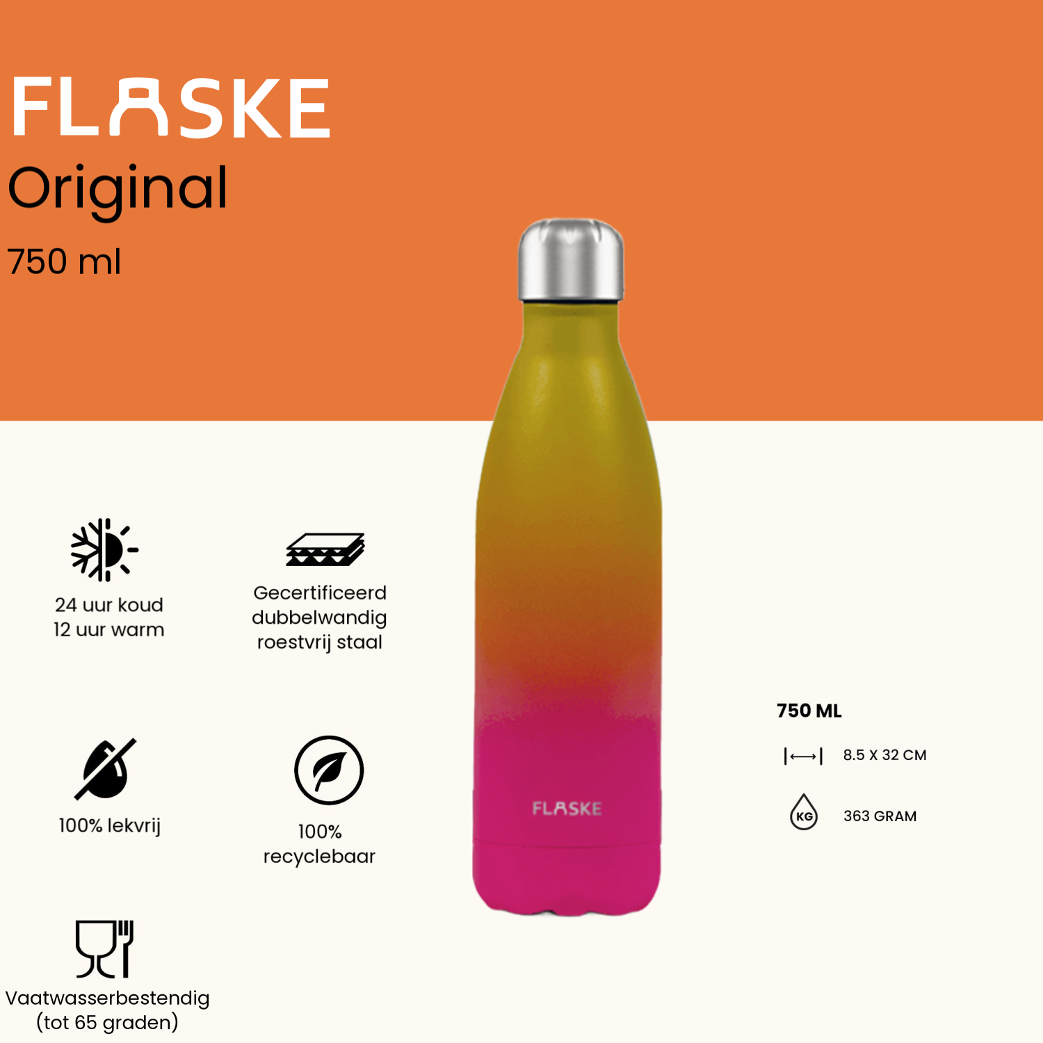 FLASKE 750 ml  RVS Drinkfles - Gradient Sunset