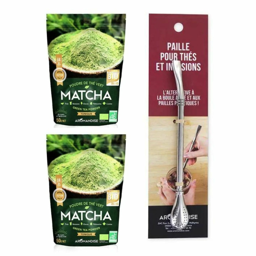 Thé vert bio matcha en poudre 100 g + paille inox avec filtre