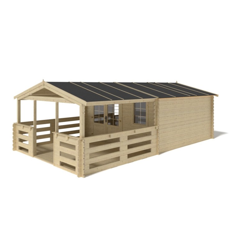 Abri de jardin en bois - 4x4 m - 28 m2 + terrasse avec balustrade et avant-toit en bois