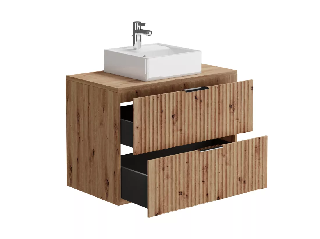 Meuble de salle de bain suspendu strié avec vasque à poser carrée - Naturel clair - L80 cm - ZEVARA