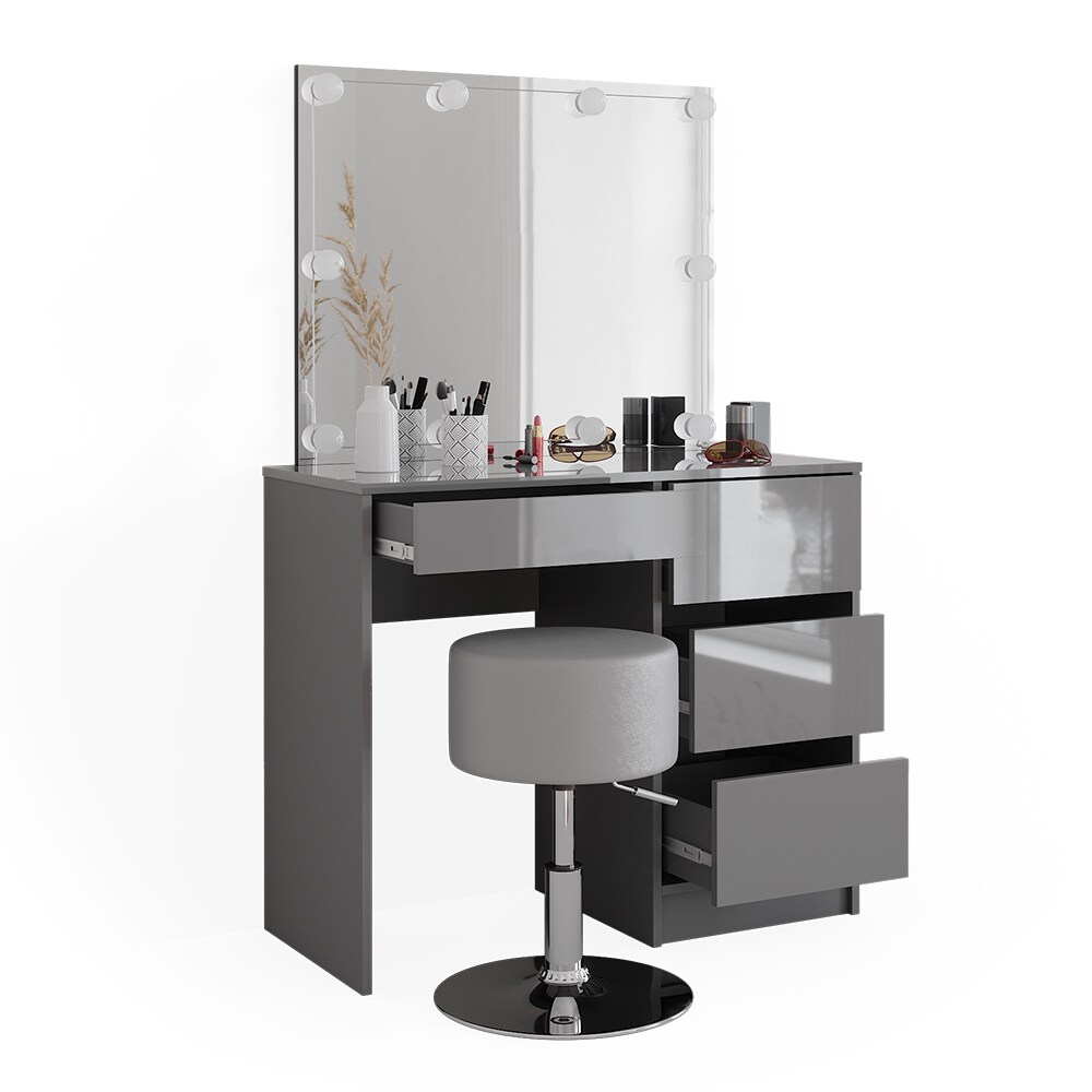 Vicco Schminktisch Sherry Grau Hochglanz, 90 x 75 cm, Spiegel, LED & Hocker
