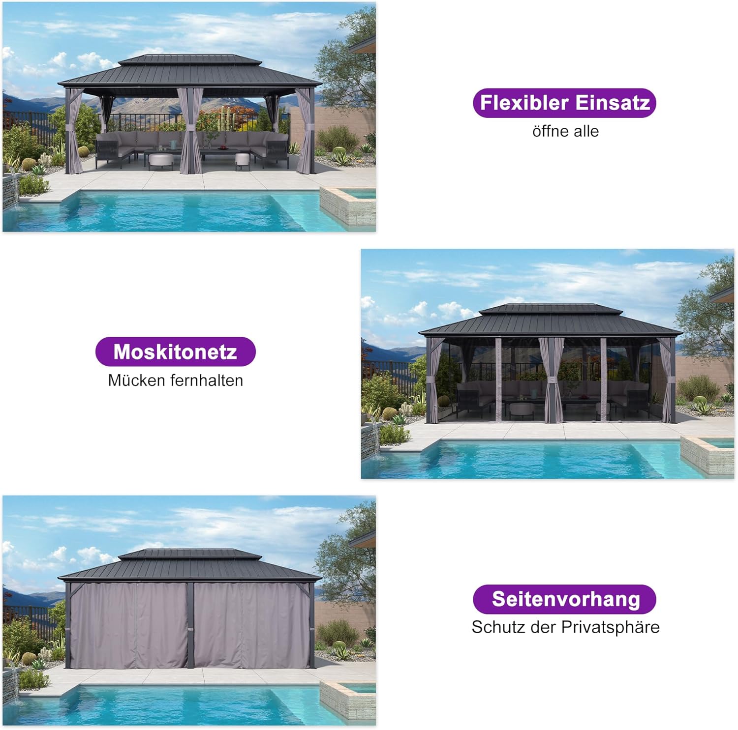 PURPLE LEAF Pavillon 3.65 x 6 m Wasserdicht Stabil Winterfest, Basisch Hardtop Pavillon mit Seitenwänden Gartenpavillon mit 21.9 m 36 LED Kugel Lichterkette für Carport, Grau