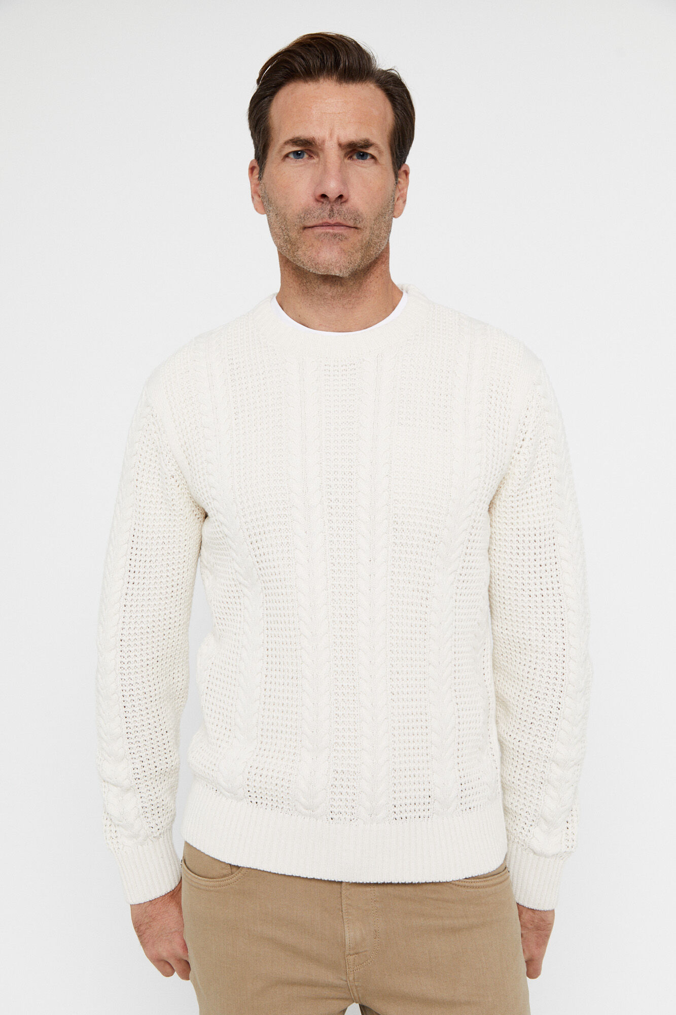 Camisa Jersey Structure Cables com gola redonda - Cáqui
