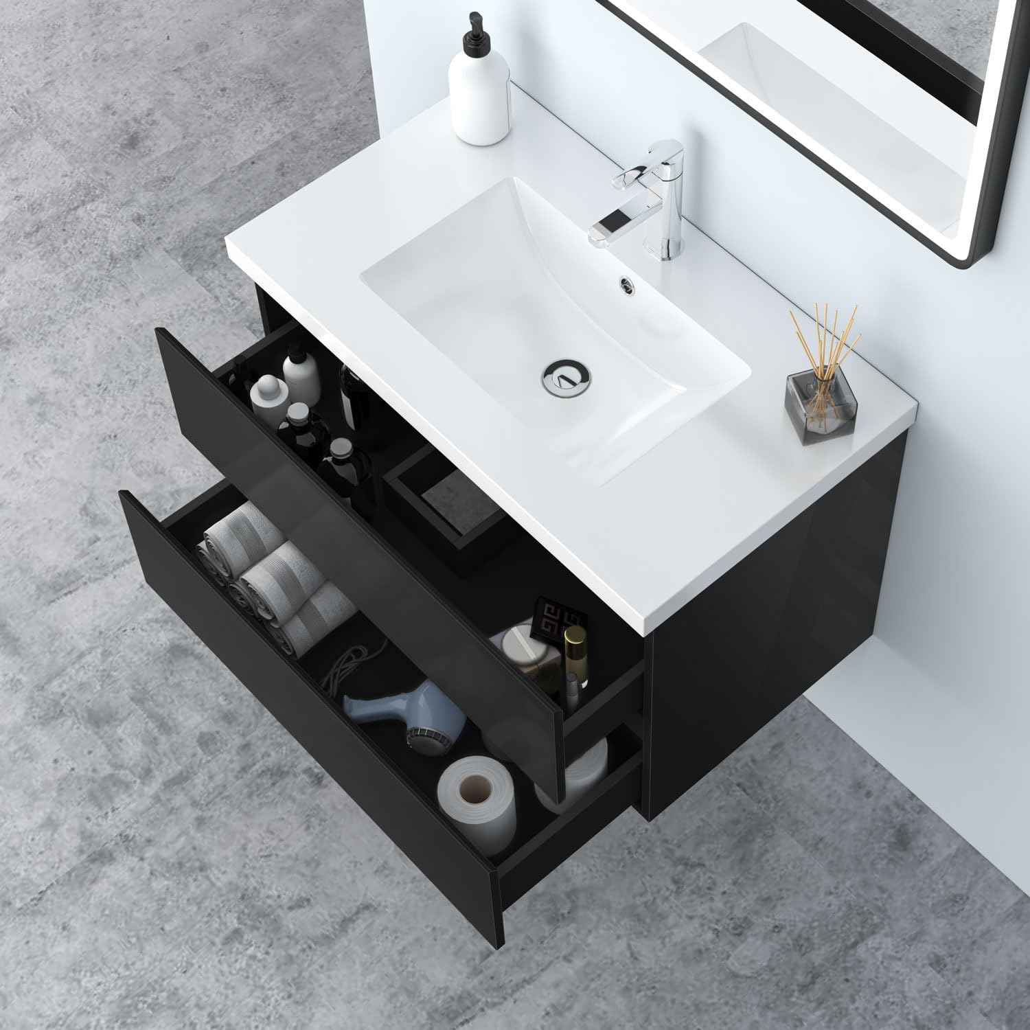 Badezimmermöbel 80cm Mineralguss Waschtisch mit Unterschrank Badmöbel Set Badezimmerschränke mit 2 Soft-Close Schubladen Hochglanz Schwarz