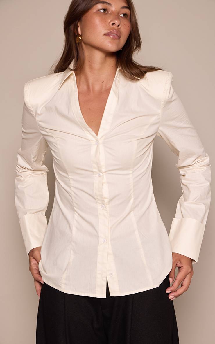 Crème Chemise En Coton À Épaulettes Et Détail De Poignets Froncés