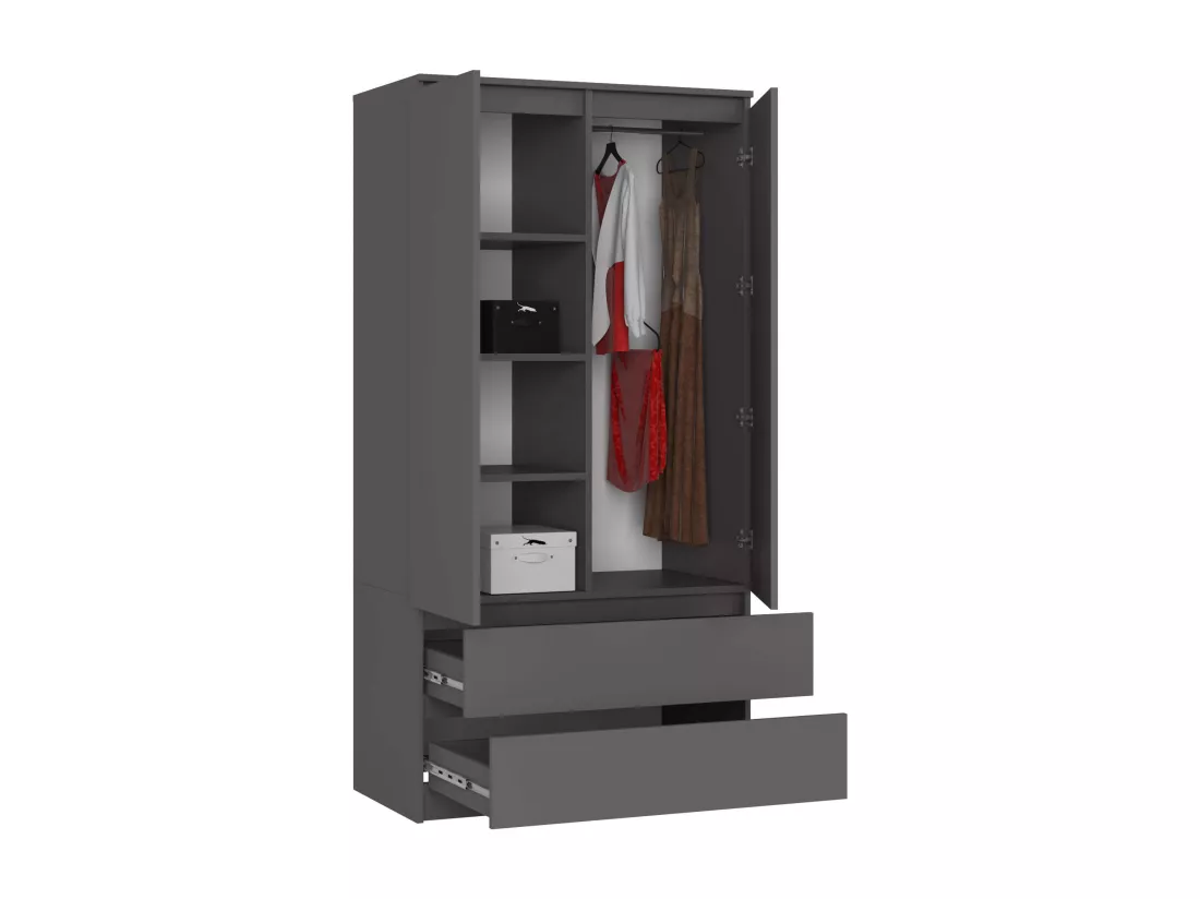 Armoire AKORD S90 Gris Graphite 90 cm 2 portes 2 tiroirs façade Gris Graphite 4 étagères 90x51x180 cm