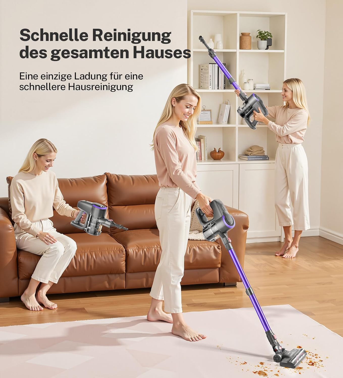 Akku Staubsauger, 28000Pa/175W/55Min Staubsauger Kabellos, Anti-Tangle-Bürste und Selbststehend, Ultraleichter Handstaubsauger akku vacuum cleaner Stielstaubsauger für Teppichen, Hartboden, Tierhaare