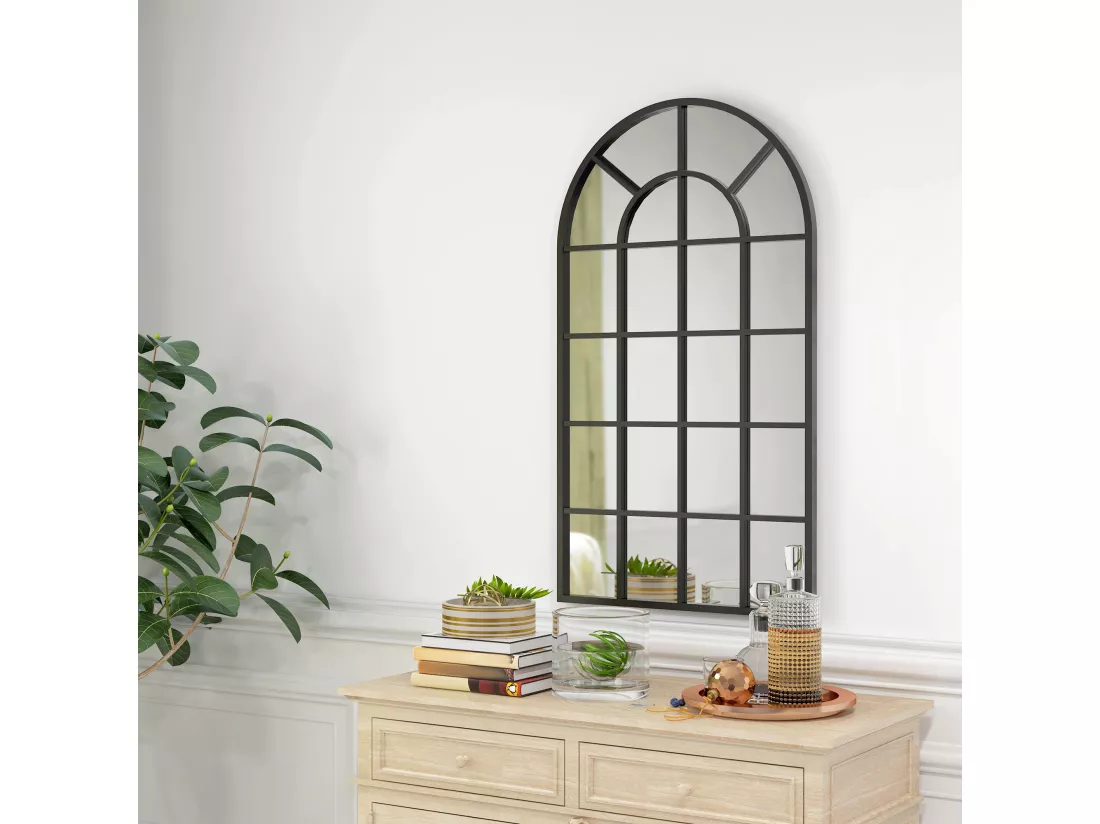 Miroir mural aspect verrière style classique chic - dim. 62L x 110H cm - métal noir verre 3 mm
