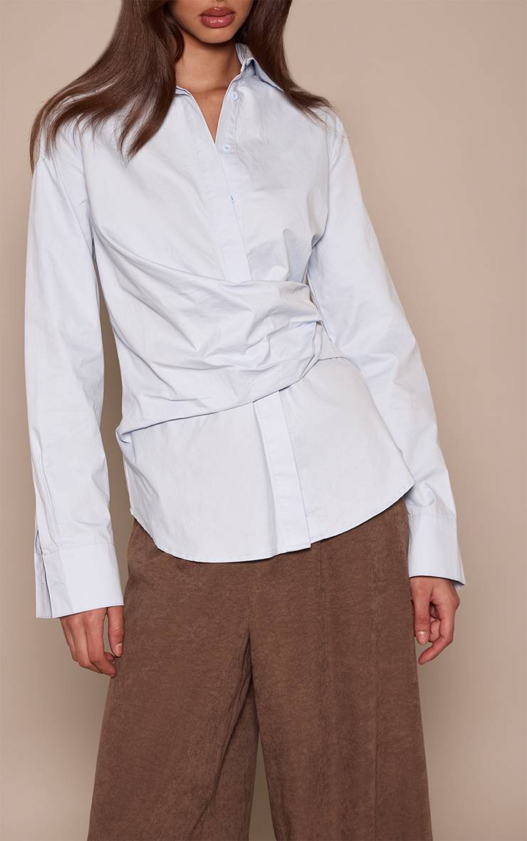 Bleu Clair Chemise Oversize En Coton Avec Détails Drapés Et Finitions Contrastées