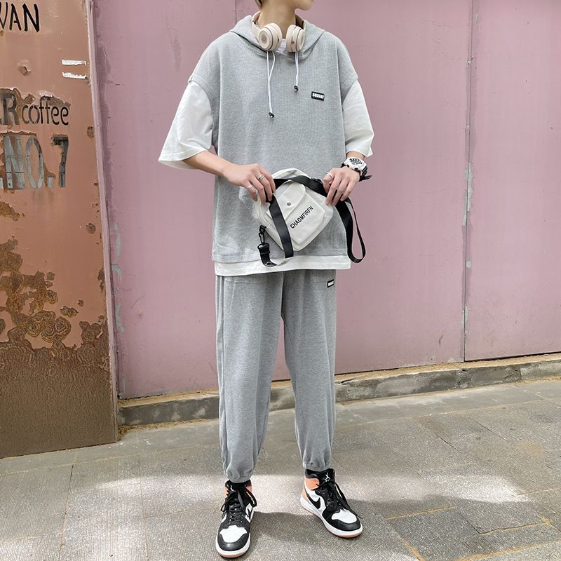 Diphon - Mock Two Piece Elbow Sleeve Hoodie + Plain Sweatshorts
