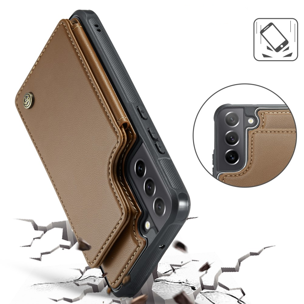 Samsung Galaxy S21 FE 5G Leder Hülle mit Kartenfächern im Litchi Look   Kickstand (RFID Schutz) - Braun