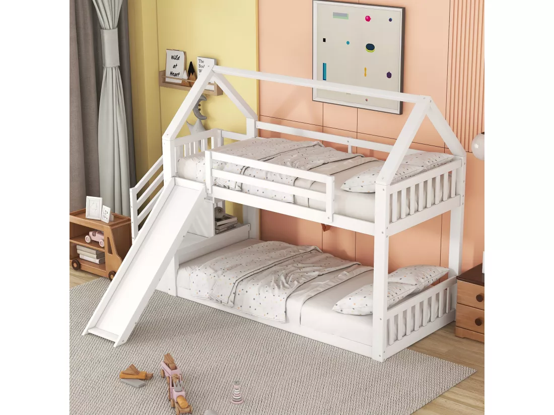 Lit superposé - 2 x 90 x 200 cm - 2 tiroirs et toboggan - pin et MDF - blanc