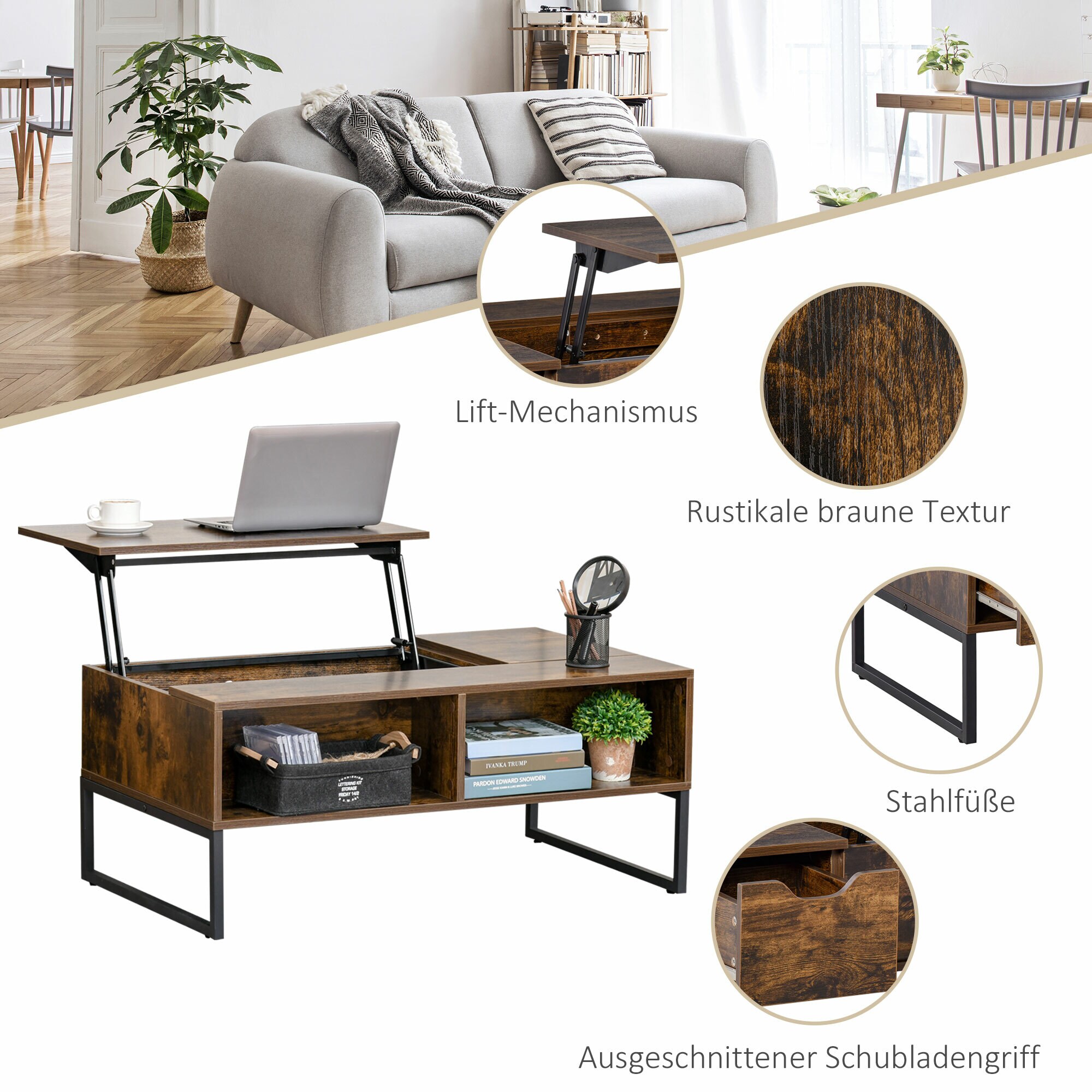 HOMCOM Couchtisch mit höhenverstellbarer Ablage braun 100 x 60 x 40 cm (BxTxH)