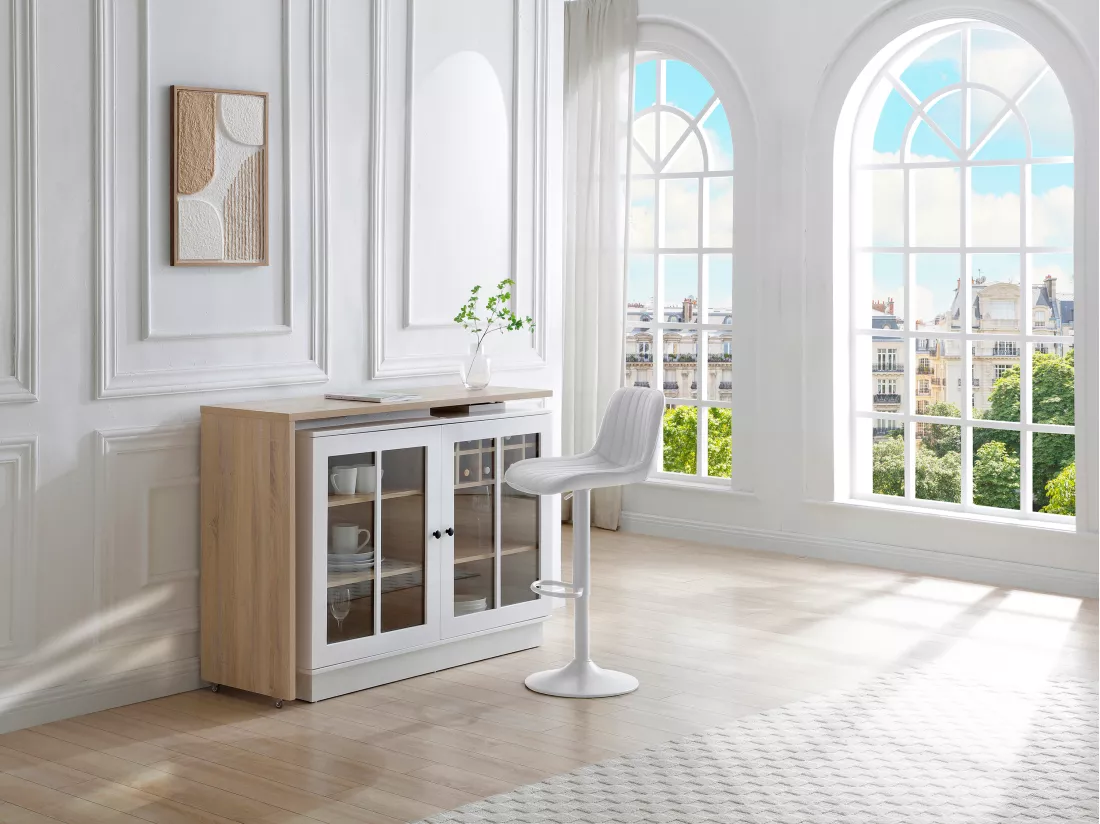 Meuble de bar pivotant avec rangements - Blanc et naturel - ARAMETA