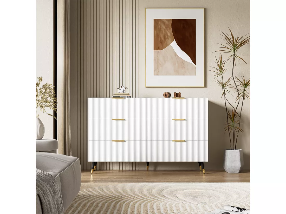 Commode avec 6 tiroirs - 120 x 40 x 77 cm - Panneaux de particules - pour salon, chambre - Couleur blanc