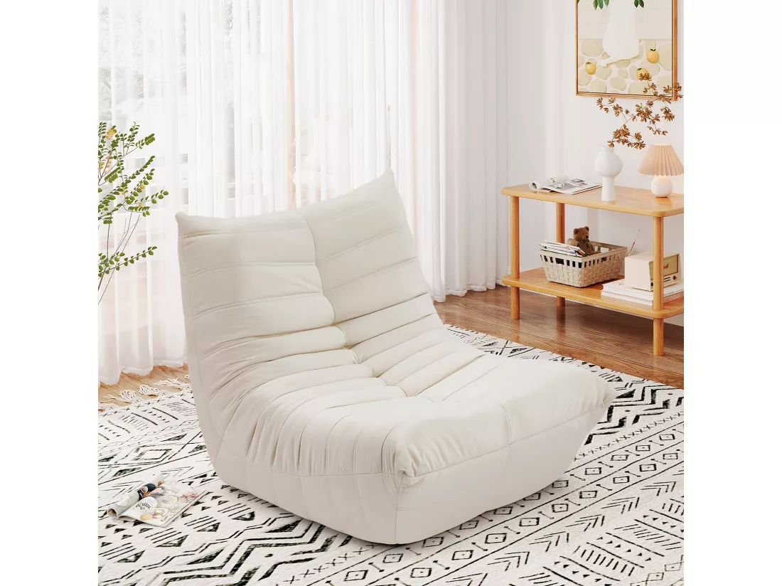 Fauteuil paresseux en tissu Chenille beige - assise profonde 62cm - 80x85x84cm