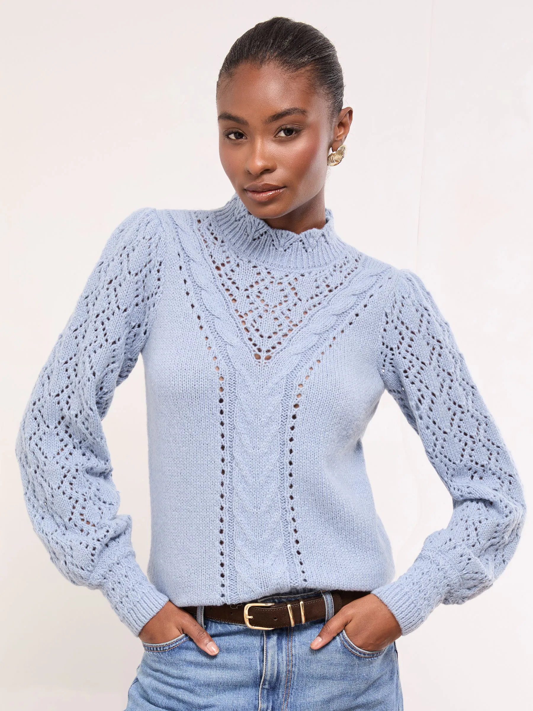 Blauw - Lipsy Pointelle Detail Stitch High Neck Knitted Jumper