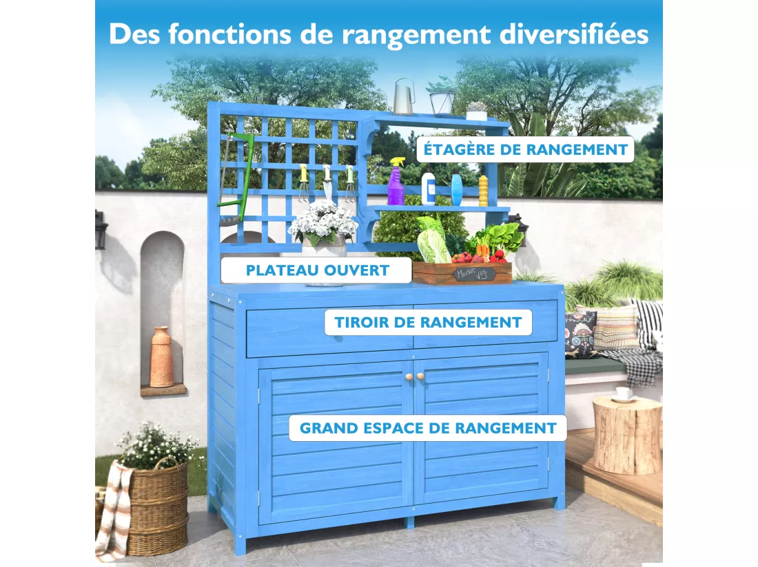 Armoire de jardin, abri de jardin en bois massif avec 2 portes, 2 tiroirs et étagère de rangement - 141.5 x 44 x 105 - Bleu