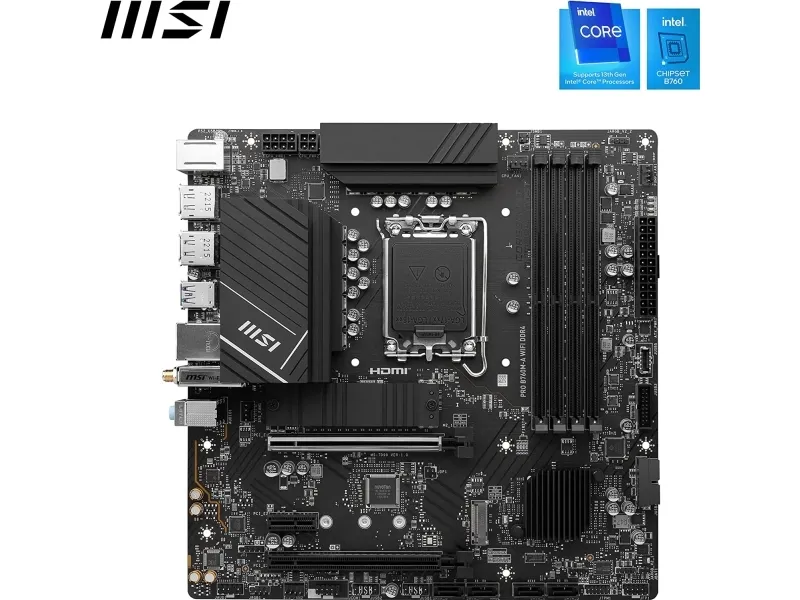 MSI PRO B760M-A WIFI DDR4 - Bundkort - micro ATX - LGA1700 sokkel - B760 Chipset - USB 3.2 Gen 2, USB 3.2 Gen 1, USB-C 3.2 Gen 1 - 2.5 Gigabit LAN, Wi-Fi 6E, Bluetooth - onboard grafik (CPU påkrævet) - HD Audio (8-kanaler)