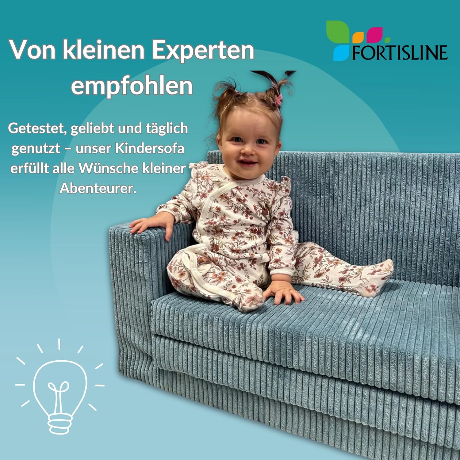 FORTISLINE - Kindersofa ausklappbar 83x47x43cm Oeko-TEX - Spielesofa für Kinder 2in1 - Kindercouch Aufklappen Bettfunktion - Schlafcouch aus Schaumstoff - Kuschel-Cord - Viele Muster (Schwarz)