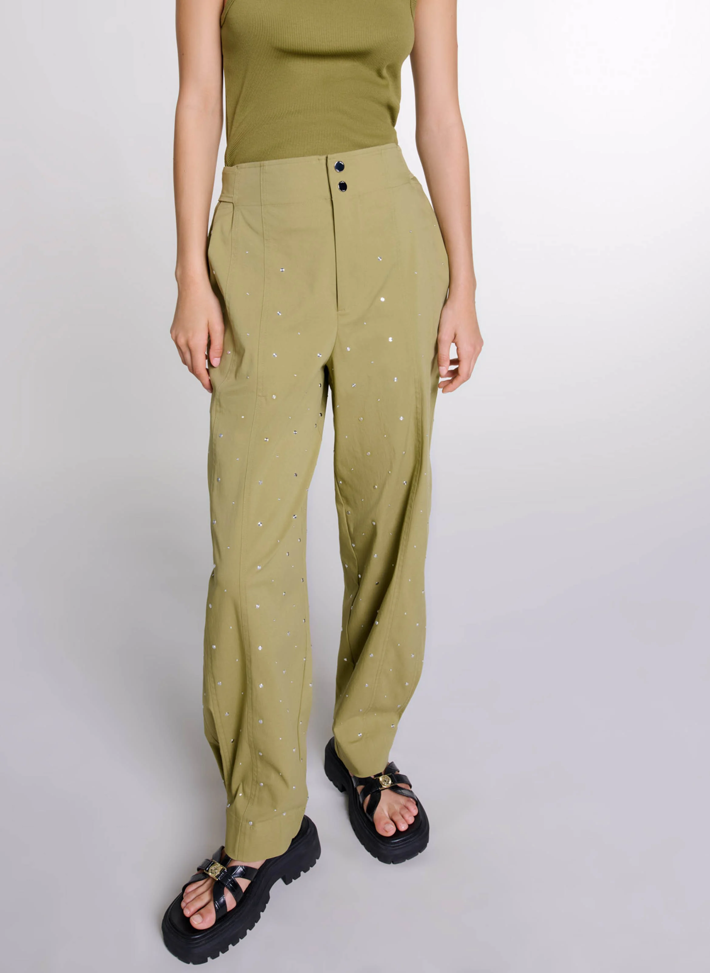 Pantalon large à rivets en coton mélangé | Kaki