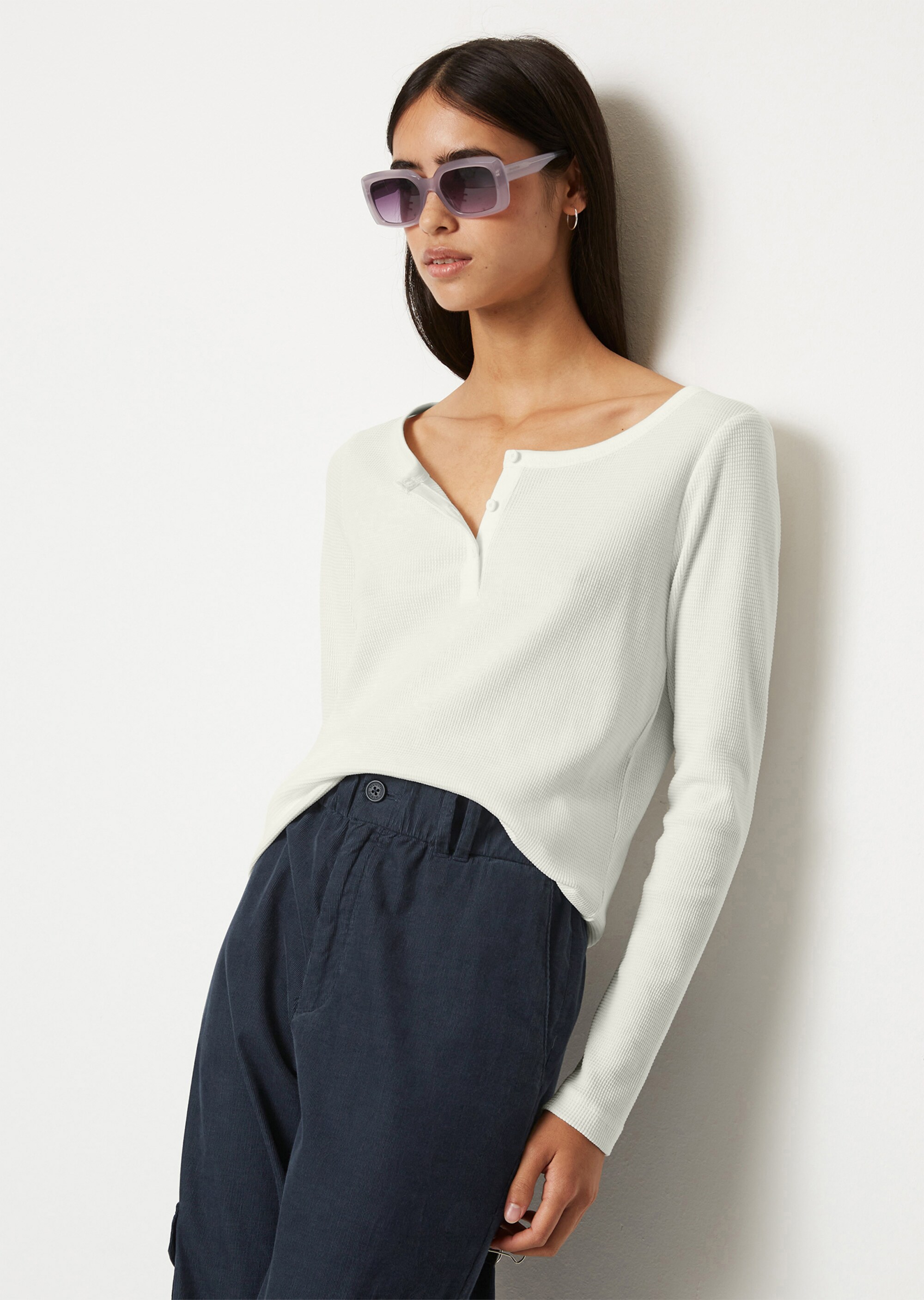 Serafino-Longsleeve regularaus Waffelpiqué-Jersey