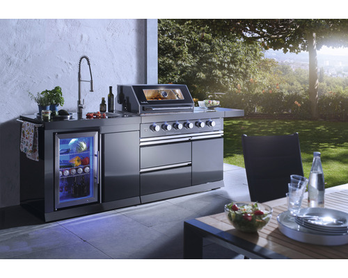 Buschbeck Cambridge 4-pits gasbarbecue/buitenkeuken met zijbrander en achterbrander, zwart, inclusief opbergplank, dekselthermometer, vetopvangbak, zijplank, bedieningsknoppen met ledverlichting en grillrooster van gietijzer.
