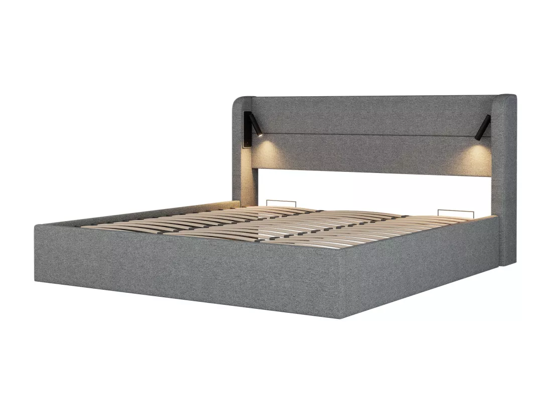 Lit coffre capitonné 180x200 cm - lit double - avec éclairage - sommier à lattes - gris (matelas non inclus)