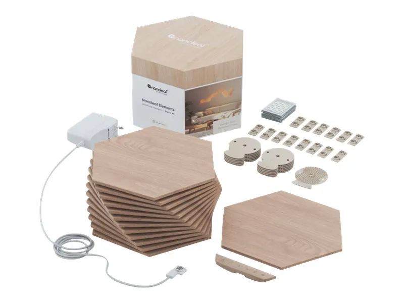 Nanoleaf Elements Starter Kit - Trådløs belysningsindstillingspanel - LED x 13 - total: 24.83 W - varmt til køligt hvidt lys - hexagon - træ