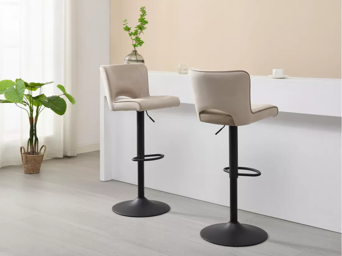 Lot de 2 tabourets de bar en velours et métal noir - Hauteur réglable - Beige - MIRIALO