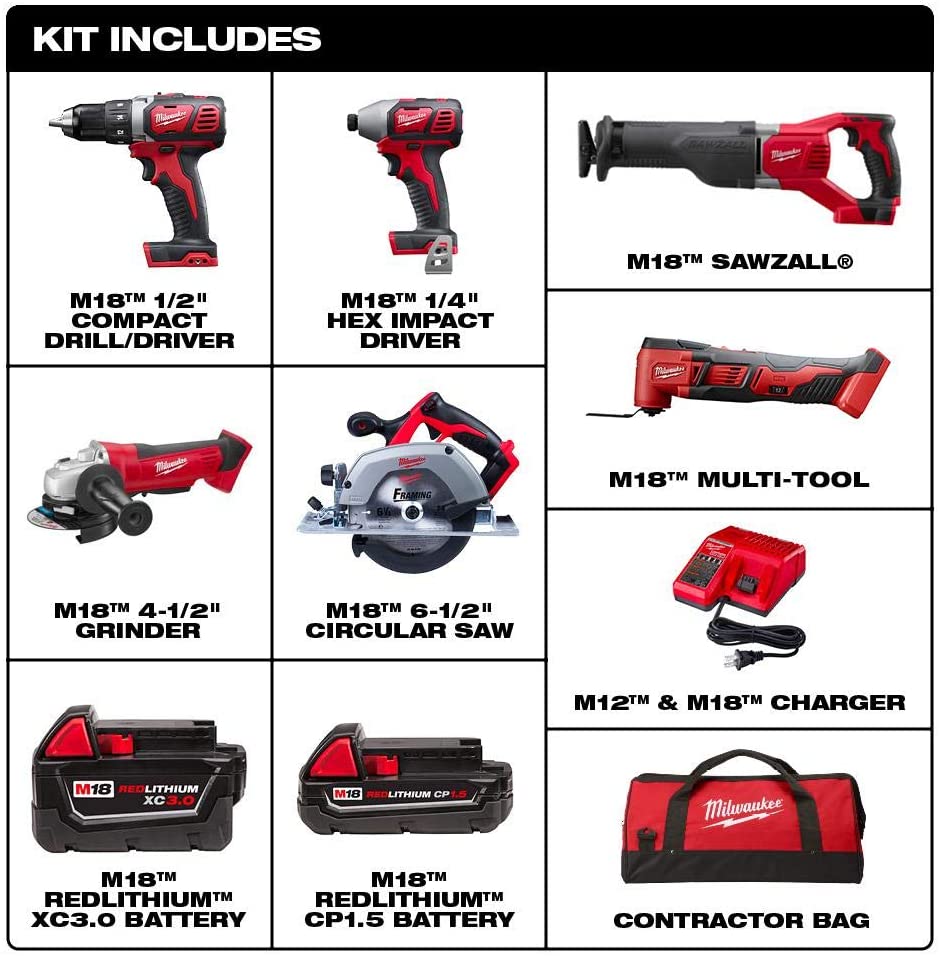 Milwaukee M18 18V Lithium Ion Cordless Combo Kit (6 tools) with two batteries, charger and two tool pouches