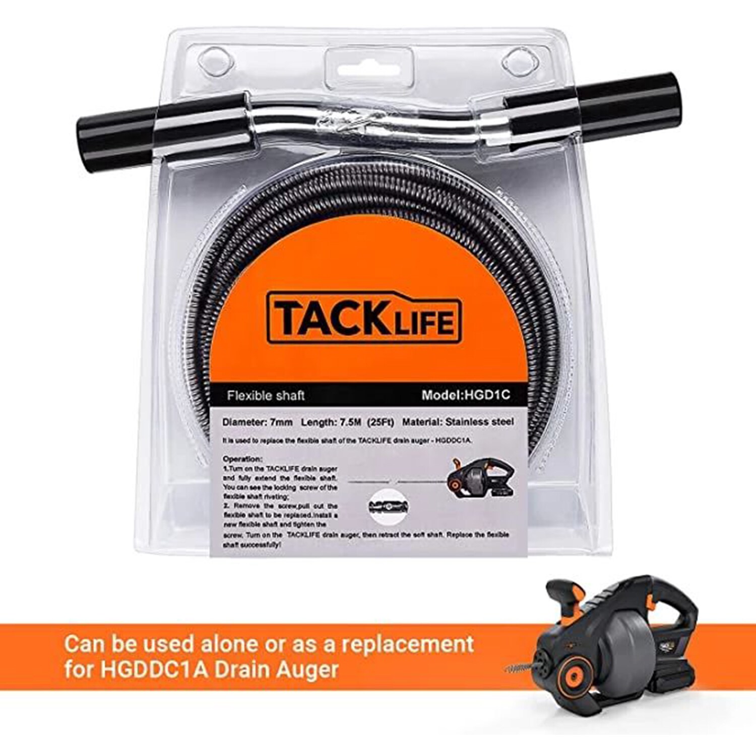 TACKLIFE HGD1C Federrohr Baggerwerkzeug 7M Abfluss Schlange Abflussreiniger Stick Verstopfung Entferner Cleanout Tool