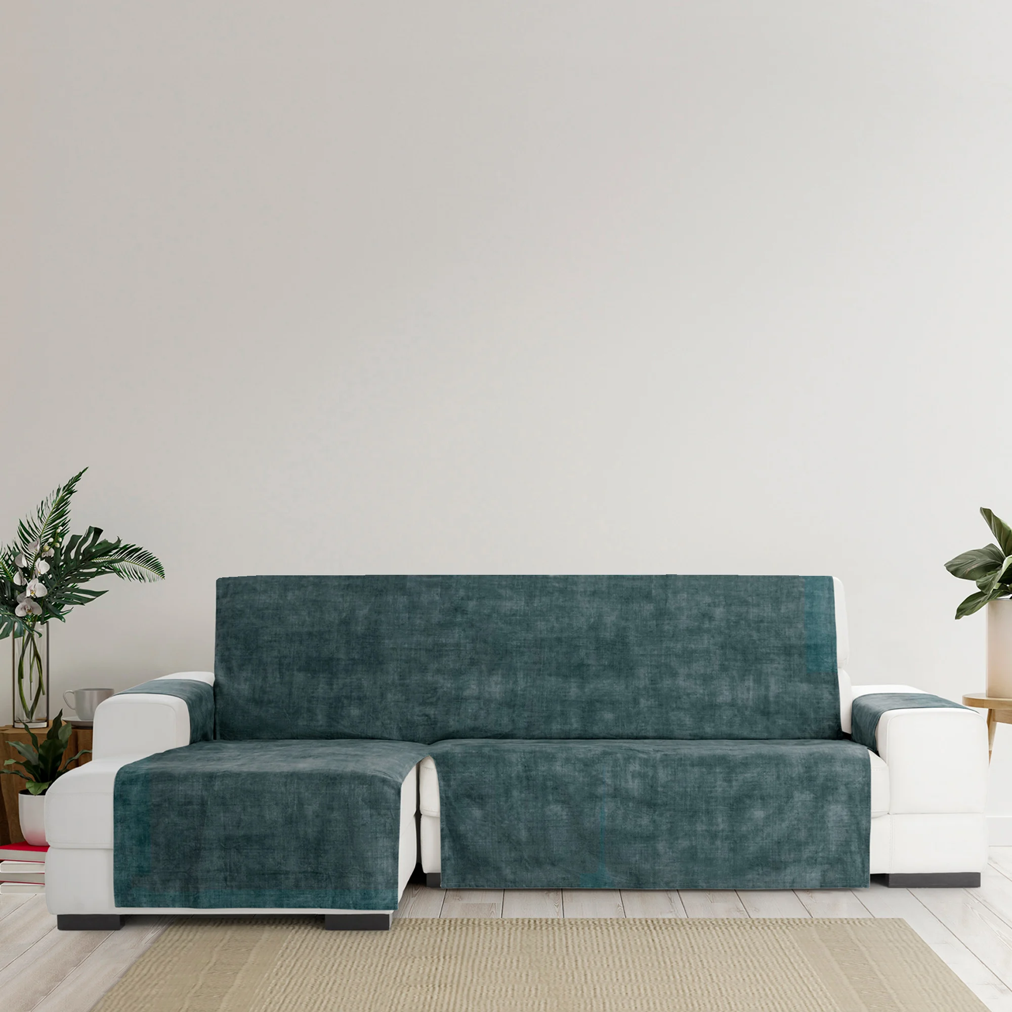 Capa protetora antimanchas para sofá com acabamento em veludo, azul, chaise longue com chaise à esquerda, 240 cm (250-300 cm)