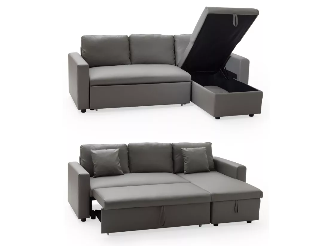 Canapé d'angle convertible simili CLARK 3 places taupe - HAPPY GARDEN