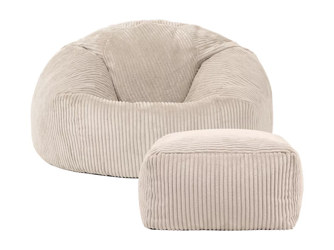 Pouf classique et son repose-pied velours côtelé, beige galet - KINGSTON