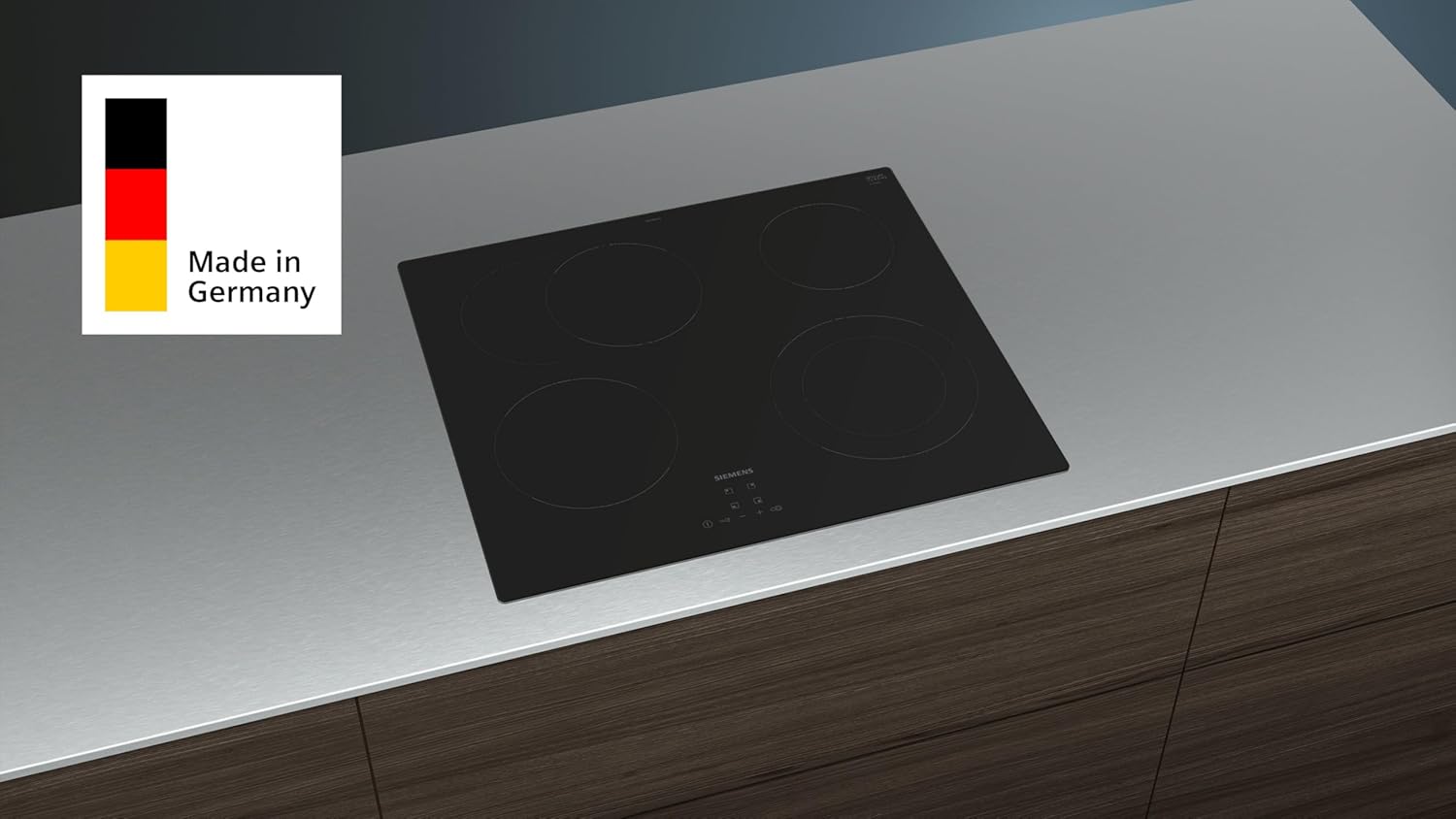 Siemens ET61RBNA1E, iQ300, Elektro-Kochfeld 60 cm, autark, Rahmenlos aufliegend, Made in Germany, touchControl, Zuschaltbare Bräterzone, Zweikreiz-Kochzone 21 cm, Sicherheitsabschaltung, Schwarz