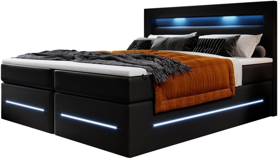 Boxspringbett Sevilla 180x200 Doppelbett Polsterbett Bett mit LED-Beleuchtung und Stauraum | Bezug: Kunstleder | Farbe: Schwarz | Härtegrad: H2 (bis 70kg)