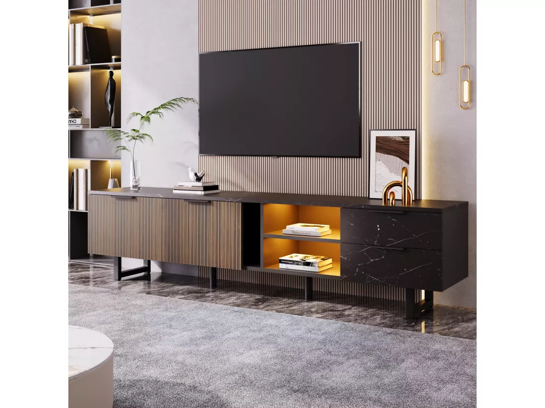 Meuble TV avec 2 portes, 2 tiroirs et 2 niches - 200 x 38 x 50 cm - LEDs - Bois MDF - Noir + bois