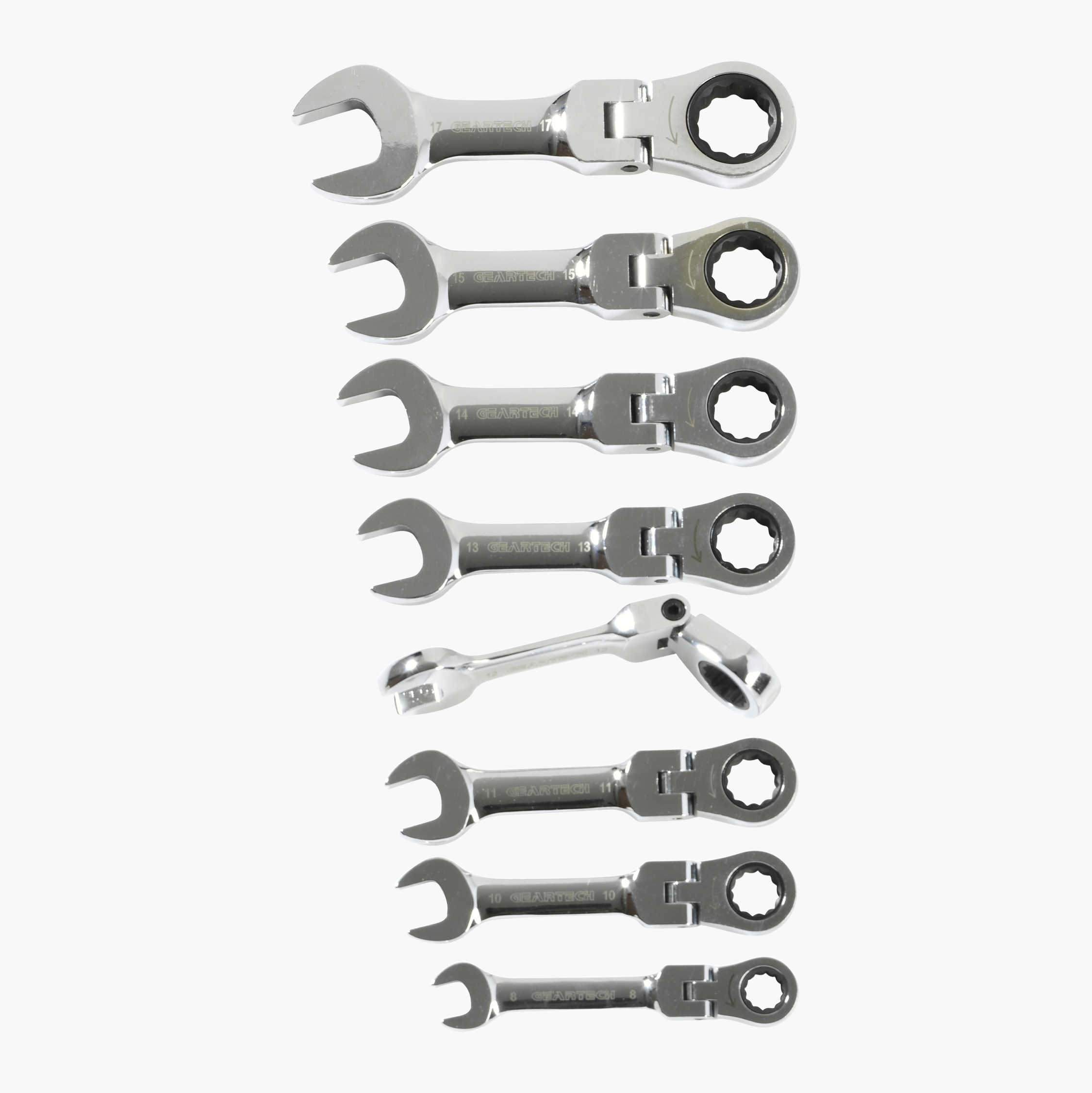 Skrallenøkkelsett flex, kort, 8 stk. 8–17 mm