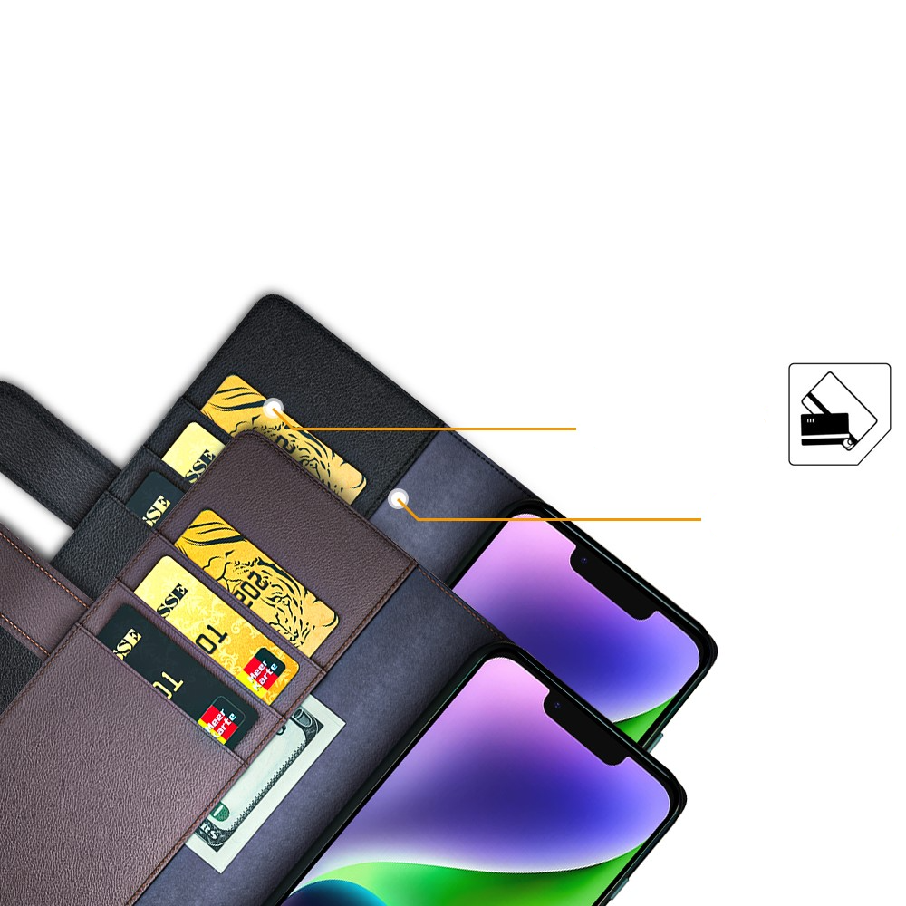 iPhone 15 Echtleder Tasche Flip Cover mit Kartenfächer - Schwarz