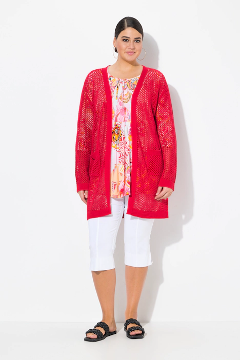 Long-Strickjacke, Netz-Optik, offene Form, V-Ausschnitt, lychee